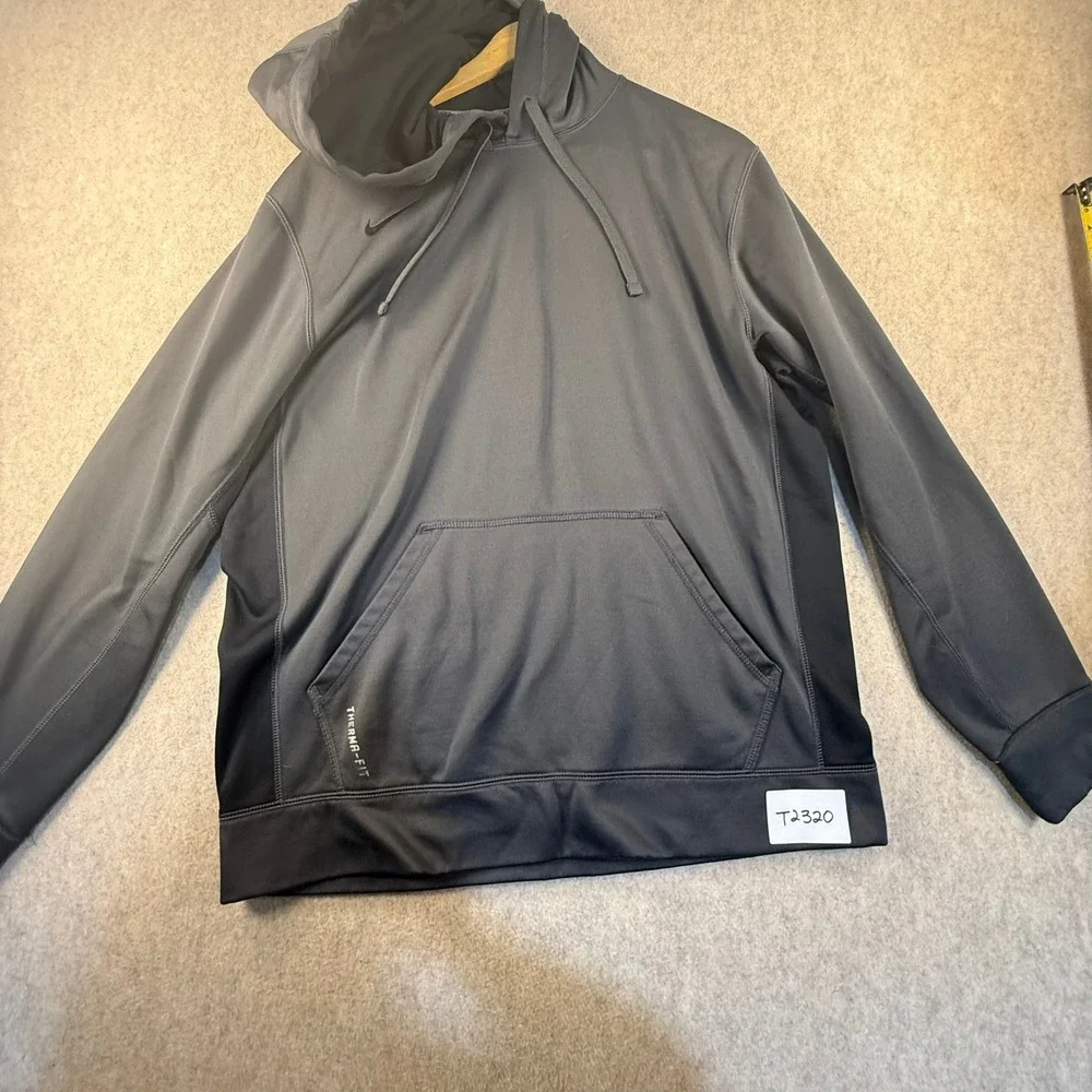 Nike Therma-FIT Mens Large Gray Black Pullover Hoodie Training Sweatshirt